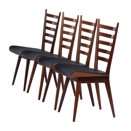 Teakhouten Eetkamerstoelen met Nieuw Zwart Leer, 1960s - Set van 4