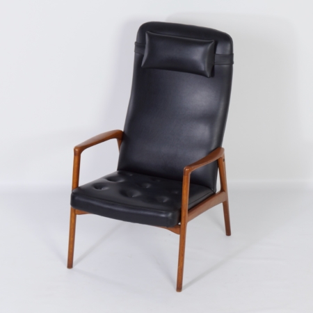 Deense Fauteuil in Teak en Zwarte Skai, 1960s &#8211; Mid Century