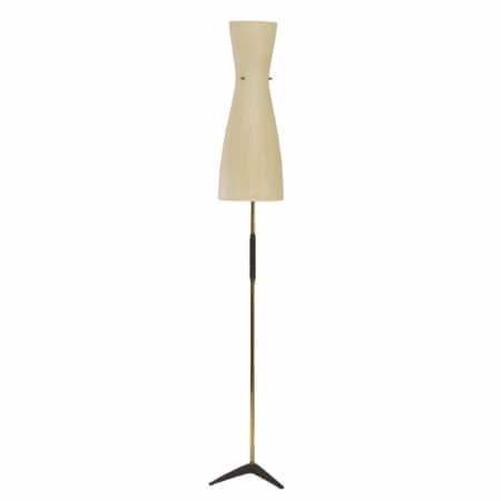 Vintage Vloerlamp met Glasvezel Kap en Messing Tripod Staander, 1950s