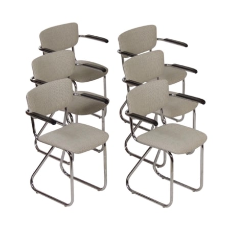 Set van 6 Buisstoelen met Armleuningen uit ca, 1960s - Opnieuw Gestoffeerd met Ploegstof