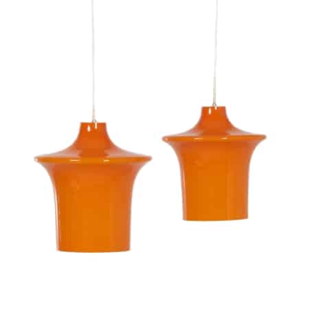 Paar Oranje Opaalglazen Hanglampen B-1204 van het Raak Design team voor Raak, 1960s