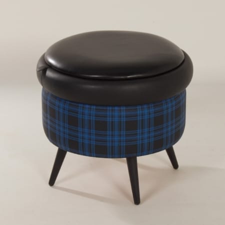 Vintage Poef met Opbergruimte, 1960s | Blauw Zwart Geblokte Kleurstelling