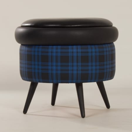 Vintage Poef met Opbergruimte, 1960s | Blauw Zwart Geblokte Kleurstelling