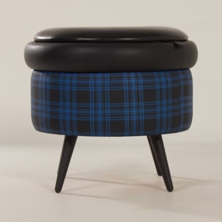 Vintage Poef met Opbergruimte, 1960s | Blauw Zwart Geblokte Kleurstelling