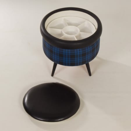 Vintage Poef met Opbergruimte, 1960s | Blauw Zwart Geblokte Kleurstelling