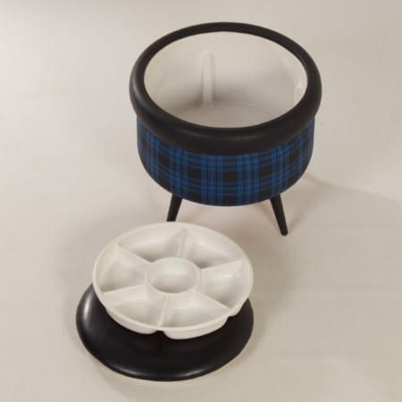 Vintage Poef met Opbergruimte, 1960s | Blauw Zwart Geblokte Kleurstelling