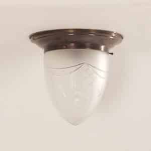 Grote Art Deco Plafondlamp met Bronzen Voet en Geslepen glas, 1930s