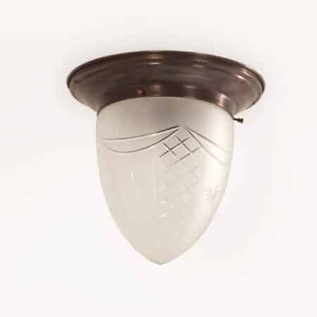 Grote Art Deco Plafondlamp met Bronzen Voet en Geslepen glas, 1930s