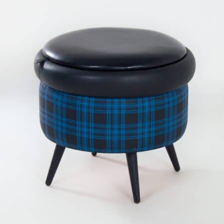 Vintage Poef met Opbergruimte, 1960s | Blauw Zwart Geblokt