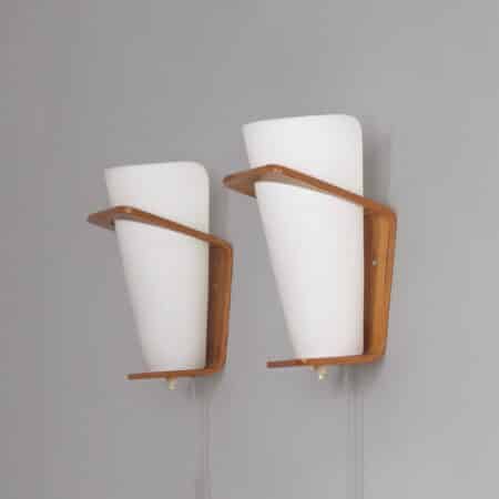 Teakhouten Wandlampen van Louis Kalff voor Philips, 1950s | Set van 2