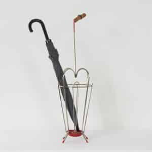 Vintage Paraplubak van Gebogen Metaal, Rode Details en een Handvat van Bamboe, 1950s