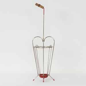 Vintage Paraplubak van Gebogen Metaal, Rode Details en een Handvat van Bamboe, 1950s