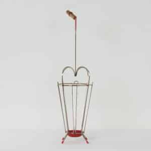 Vintage Paraplubak van Gebogen Metaal, Rode Details en een Handvat van Bamboe, 1950s