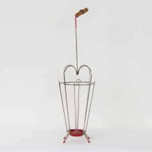 Vintage Paraplubak van Gebogen Metaal, Rode Details en een Handvat van Bamboe, 1950s