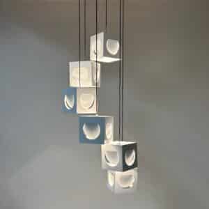 Scandinavische Hanglamp van Shogo Suzuki voor Orno Stockmann (1960s) – 6 Minimalistische Kubuslampen met Geometrisch Lichtspel