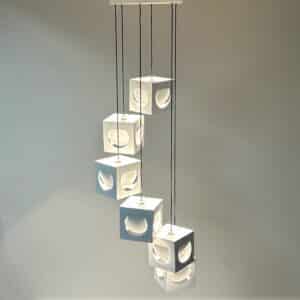 Scandinavische Hanglamp van Shogo Suzuki voor Orno Stockmann (1960s) – 6 Minimalistische Kubuslampen met Geometrisch Lichtspel