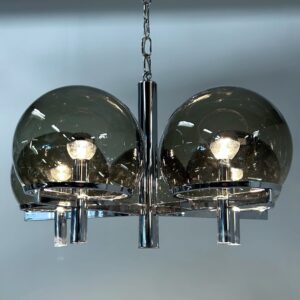 Kroonluchter &#8216;Club Series&#8217; van Gaetano Sciolari voor Sciolari Lighting, 1970s – Rookglas &#038; Chroom