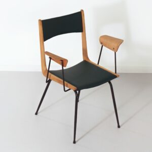 Boemerang Stoel, Toegeschreven aan Carlo De Carli, 1950s – Italiaans Design, Houten Armleuningen, Nieuwe Bekleding