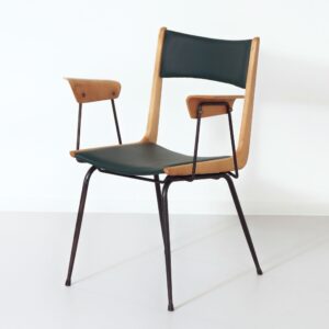 Boemerang Stoel, Toegeschreven aan Carlo De Carli, 1950s – Italiaans Design, Houten Armleuningen, Nieuwe Bekleding