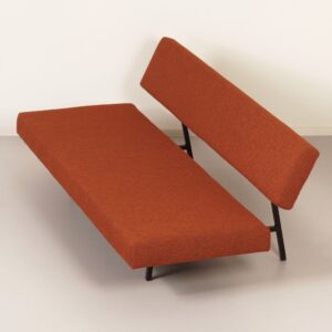 Slaapbank BR 53 9 van Martin Visser voor ’t Spectrum, 1960 – Zwart Frame, Oranje-Bruine Stoffering