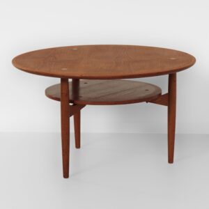 Ronde Deense salontafel, 1960s, teakhout met messing inleg en onderblad