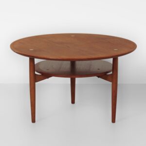 Ronde Deense salontafel, 1960s, teakhout met messing inleg en onderblad