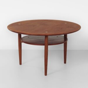 Ronde Deense salontafel, 1960s, teakhout met messing inleg en onderblad