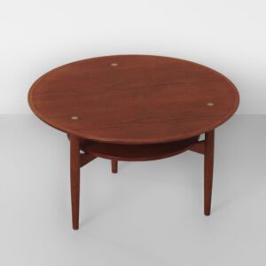 Ronde Deense salontafel, 1960s, teakhout met messing inleg en onderblad