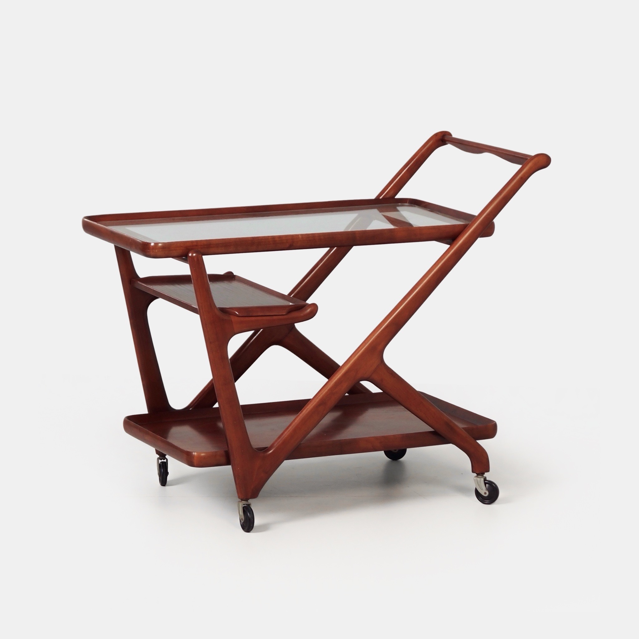 Cassina Serveerwagen uit de Jaren 60 in Beukenhout met Glazen Blad