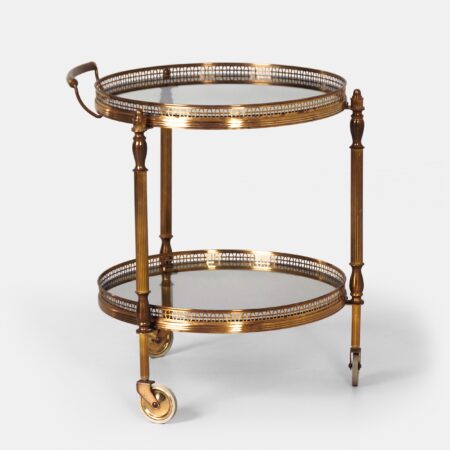 Ronde Franse bar trolley in messing, ca. 1955–1965 met twee glazen etages