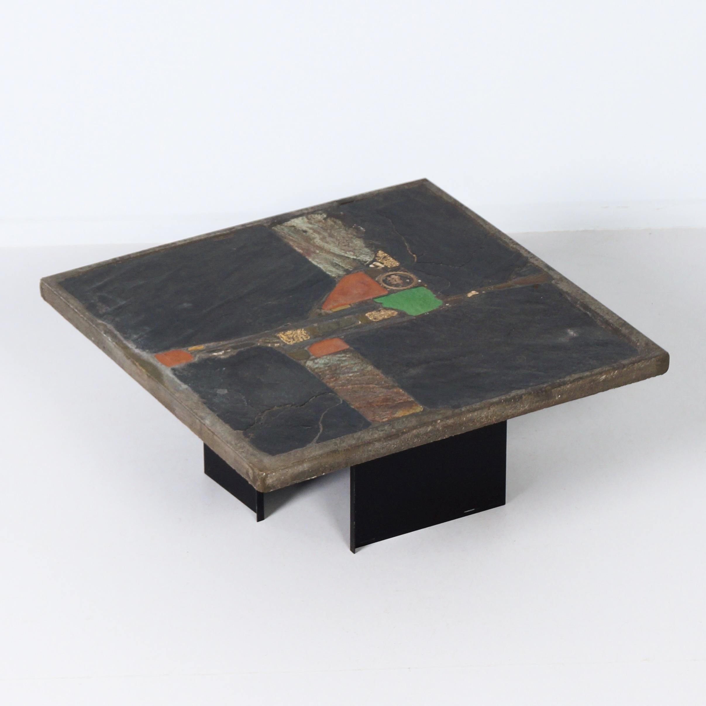 Vierkante salontafel met groen keramiekaccent van Paul Kingma, jaren 70
